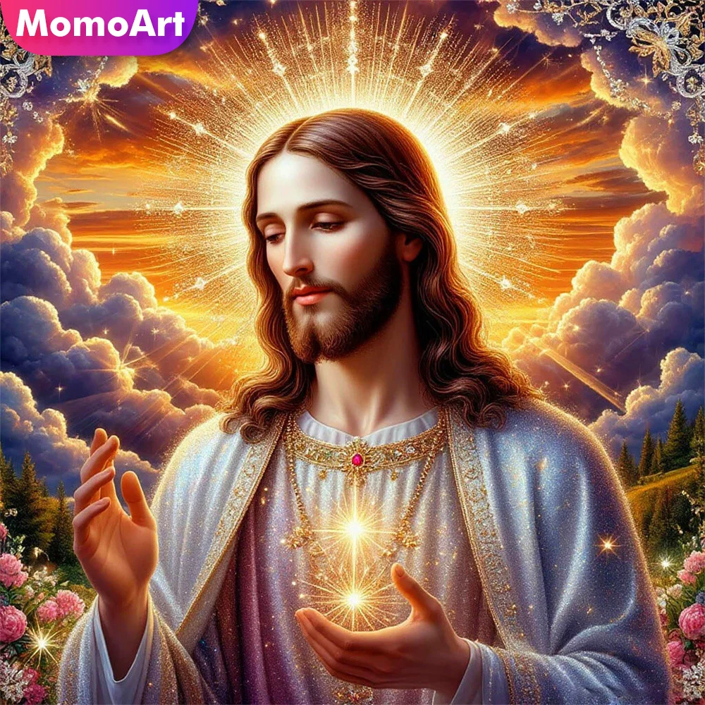Momoart 5D-Diamantgemälde, Religion, Jesus-Bild, Strass, Mosaik, Wolken, vollständige Stickerei, Blume, geeignet für Anfänger