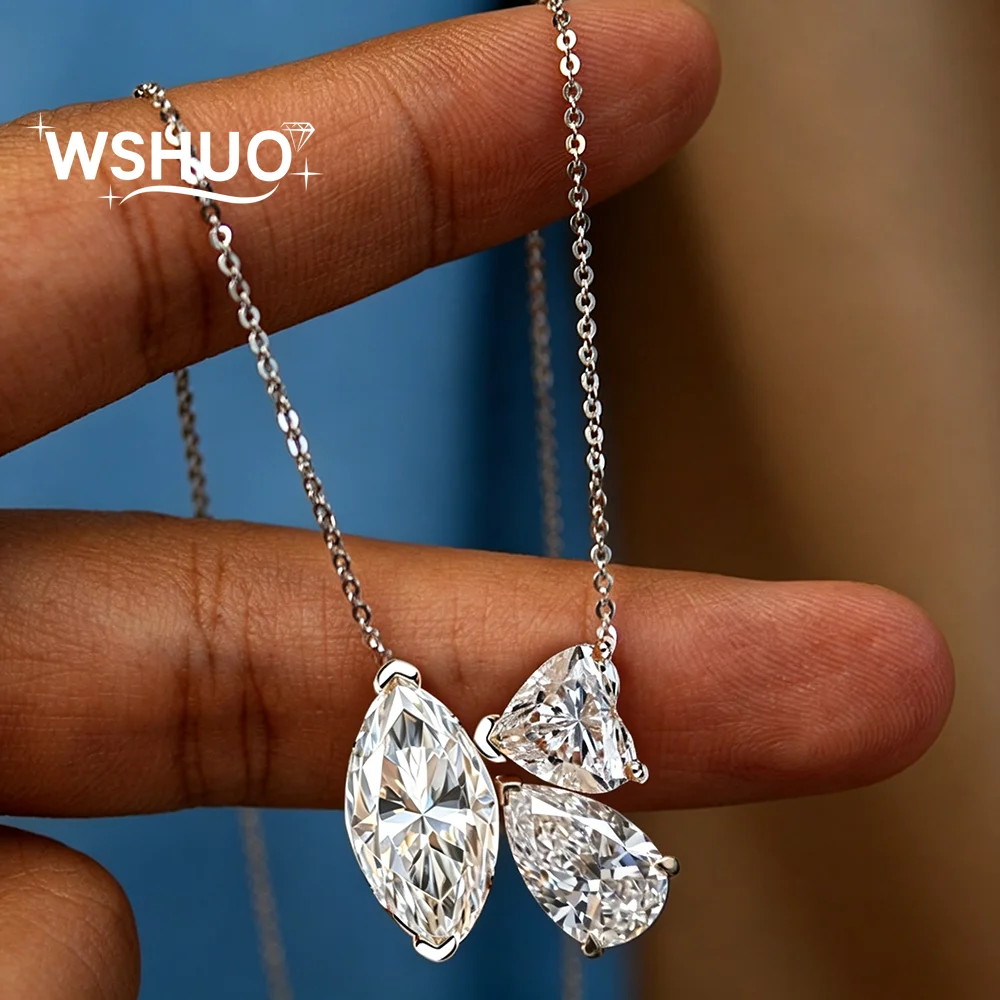 

3-Stone Marquise/Heart/Pear Cut All Moissanite Diamond Pendant Necklace with Gra 925 Sterling Silver Fine Jewelry for Women