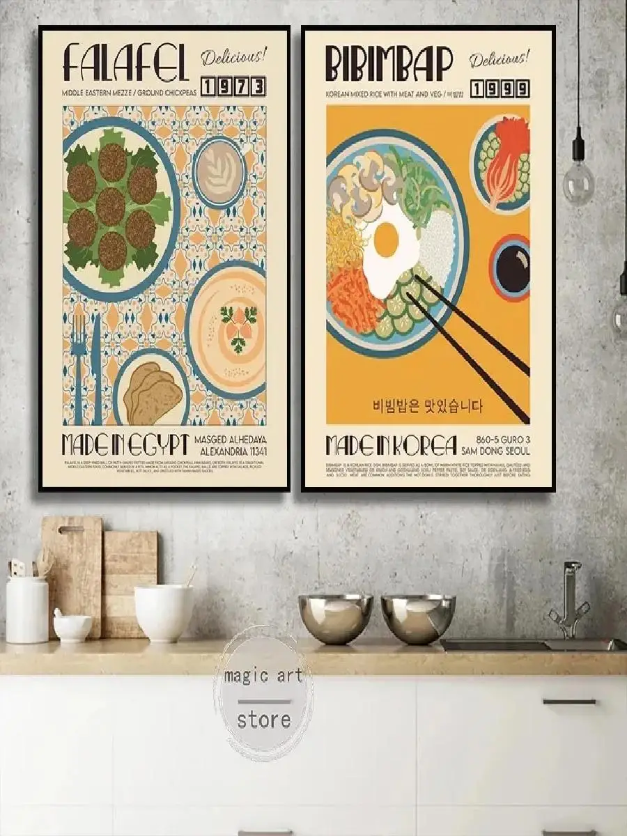 Vibrant Food Art Canvas Poster Bibimbap Ravioli Ramen Eggs Coffee Pizza Tacos  Perfect Wall Decor for Kitchen and Dining Room