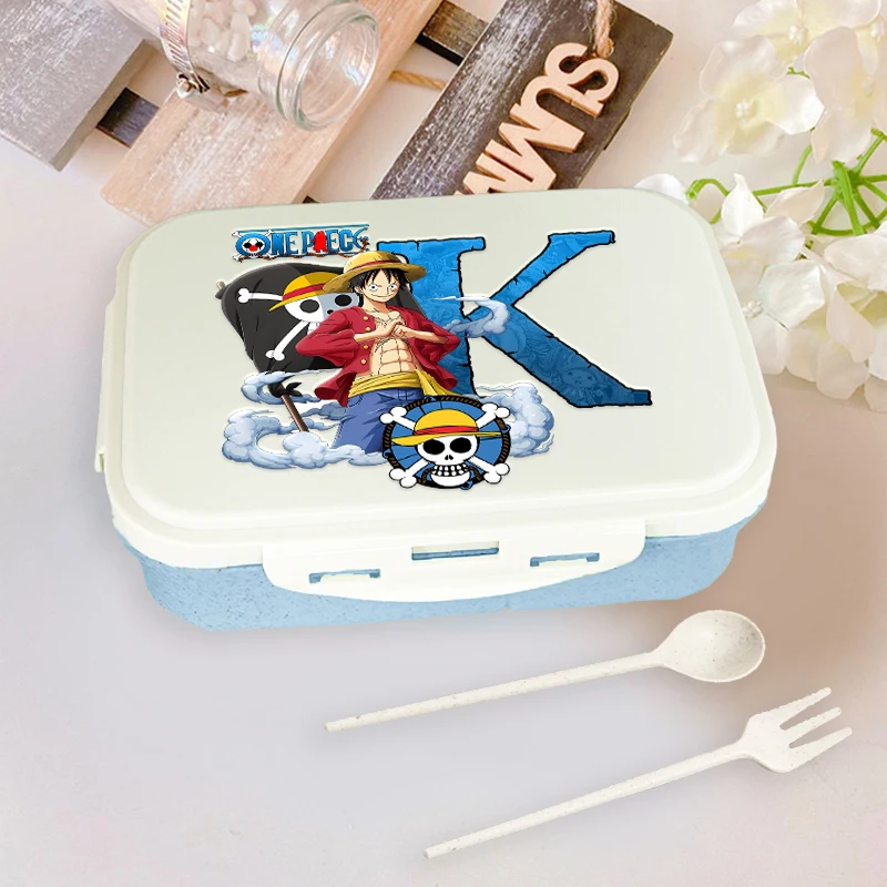 Lonchera de una pieza con letras de la A a la Z, lonchera portátil de anime Luffy para niños, lonchera Bento separada con estampado de dibujos animados, contenedor de comida para microondas, vajilla
