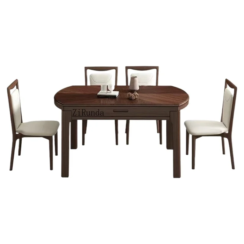 All solid wood retractable dining table, ash wood round to oval folding table, suitable for small homes and living rooms