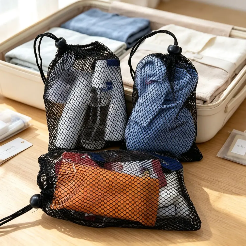 5/10pcs Breathable Black Mesh Drawstring Pouch, Portable Net Storage Bag for Toy Fruit Toiletries Organization YMY