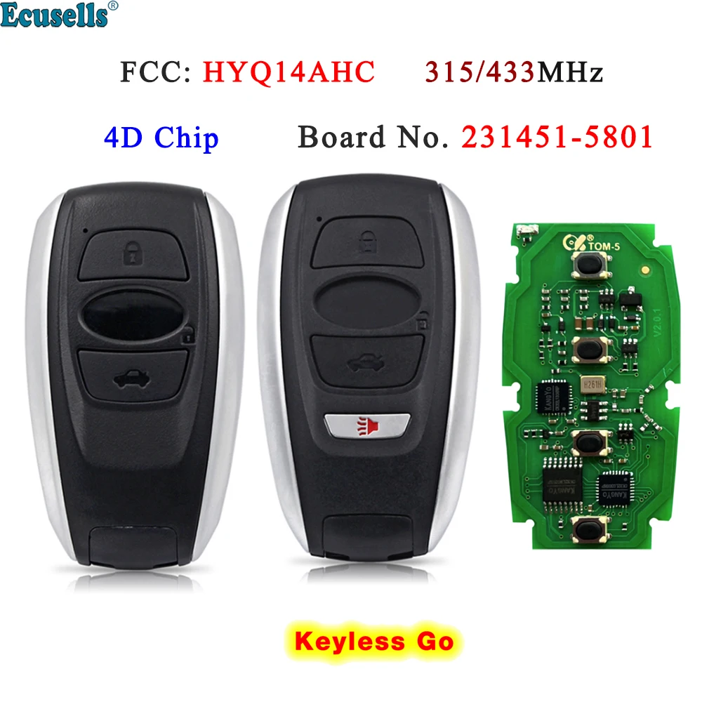 Ecusells 3/4 Buttons Keyless Go Remote Key 4D Chip for Subaru Ascent Forester Impreza Legacy Outback Crosstrek STI WRX HYQ14AHK