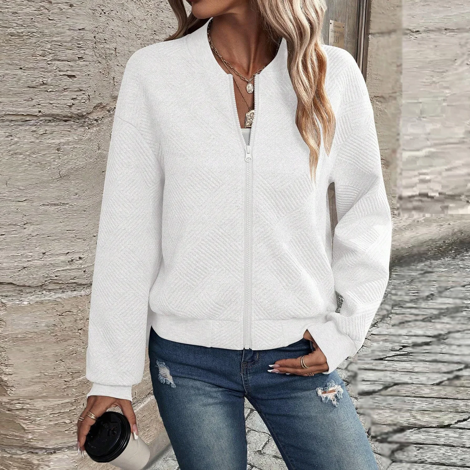 Damen Herbst- und Winterjacke, Neu, Einfarbig, Schlicht und Exquisit, mit Reißverschluss, Baseballkragen, Lässige Jacke – Detail 3