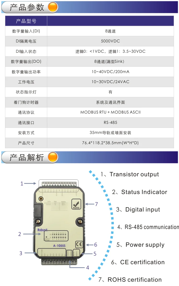 Modbus RTU RS-485 포트가 있는 디지털 IO 모듈 8DI 8DO 원격 I/O 모듈(A-1055S)
