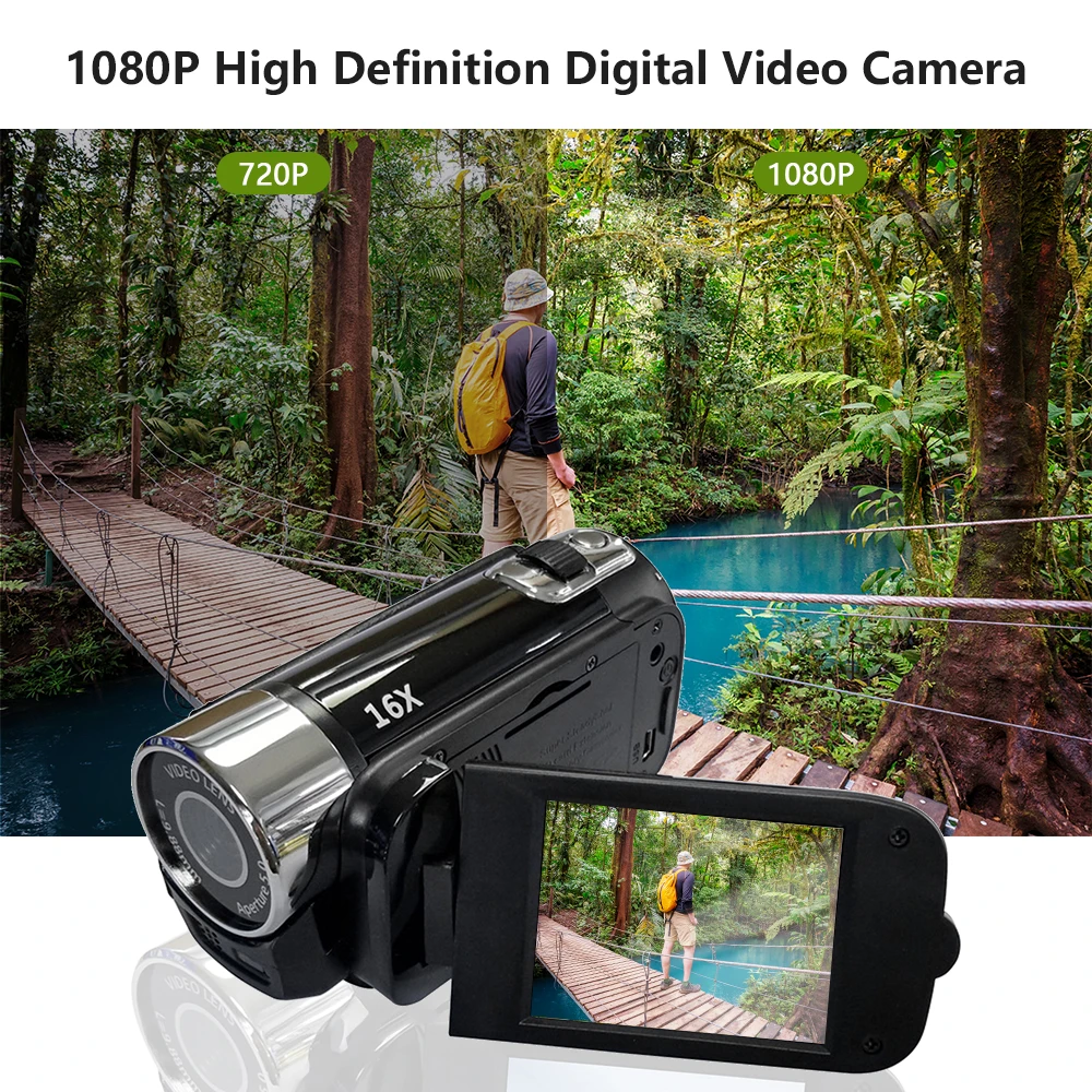 Portable 1080P High Definition Digital Video Camera DV Camcorder 16MP 2.7 Inch LCD Screen 16X Digital Zoom Built-in Battery