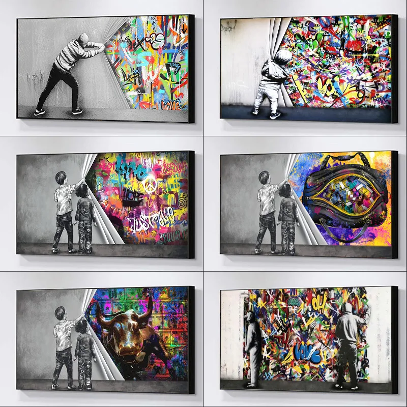 

Banksy Curtains Behind Graffiti Art Canvas Painting Mural Poster and Prints Wall Art Living Room Modern Decorative Painting