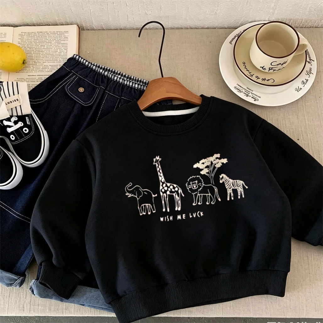 Animals Print Sweatshirts Loose Casual Clothes Boys Crewneck Pullovers Thin Long-sleeved Hoodie 1-6Years Old Kids Cute Tops