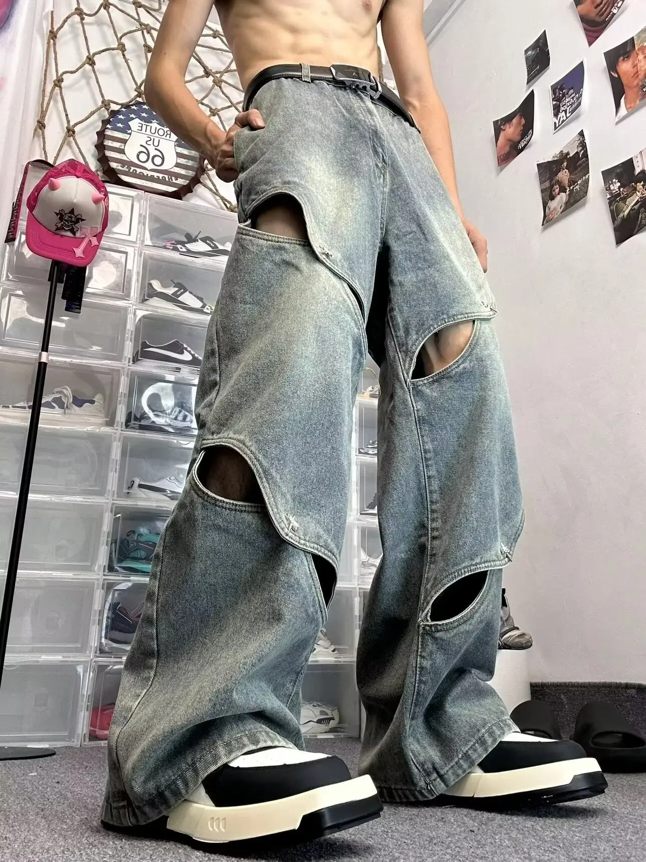 

American Street Trend Retro Washed Jeans Men High Street Patchwork Irregular Design Drape Feeling Micro Flared Pants Korean