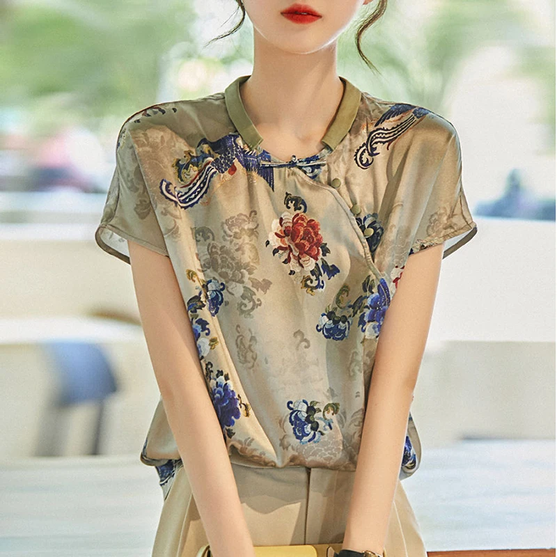 Chinese Style Cheongsam Bias Placket Plate Button Women's Blouse Summer Imitation Mulberry Silk Printed Liberally Short Sleeves