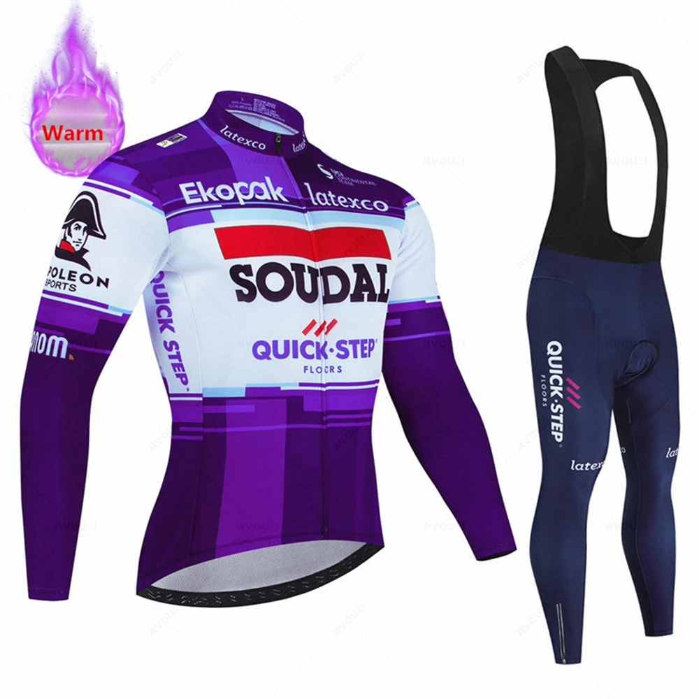 Soudal Quick Step Bicycle Warm Winter Thermal Fleece Cycling Clothes Men\'s Jersey Suits Outdoor Riding Bike MTB Bib Pants Sets