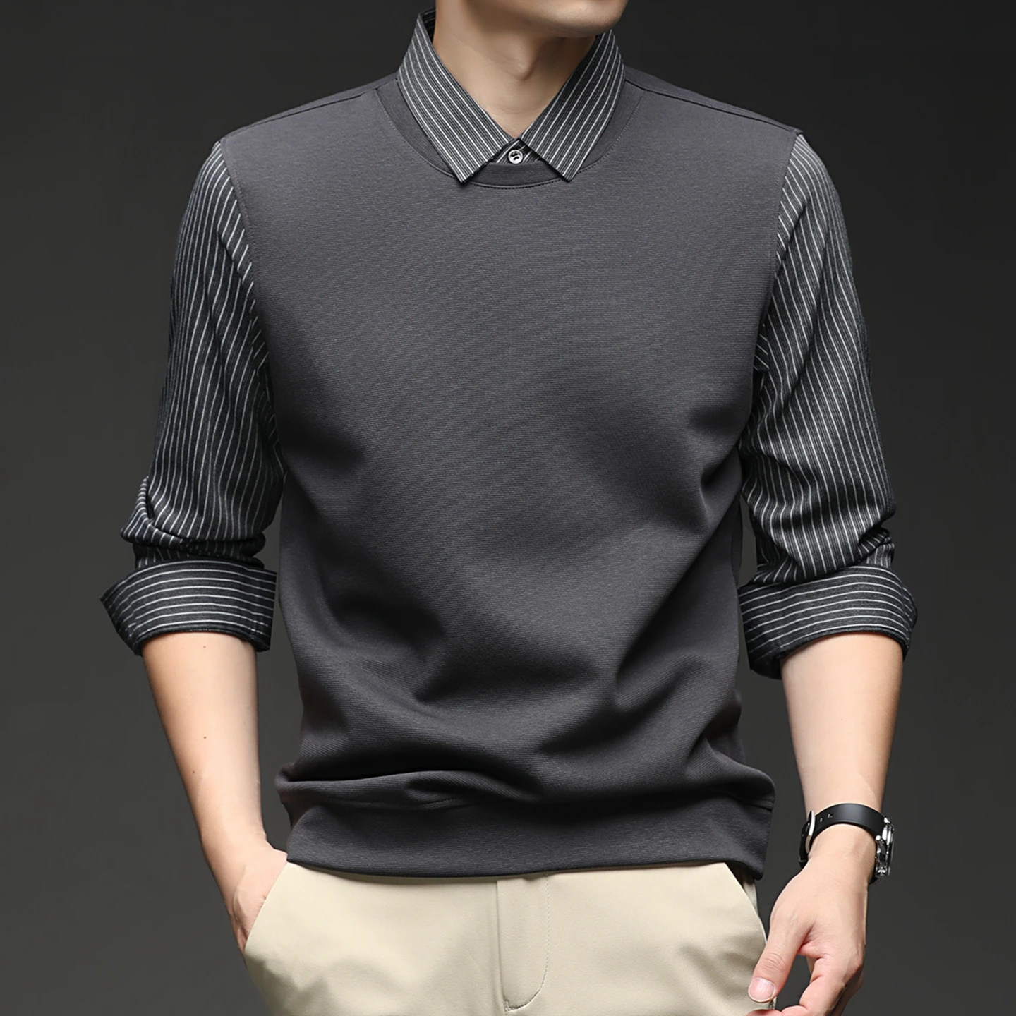 Autumn New Style Men's Business Casual Multi-Purpose Long-Sleeved Fake Two-Piece Striped