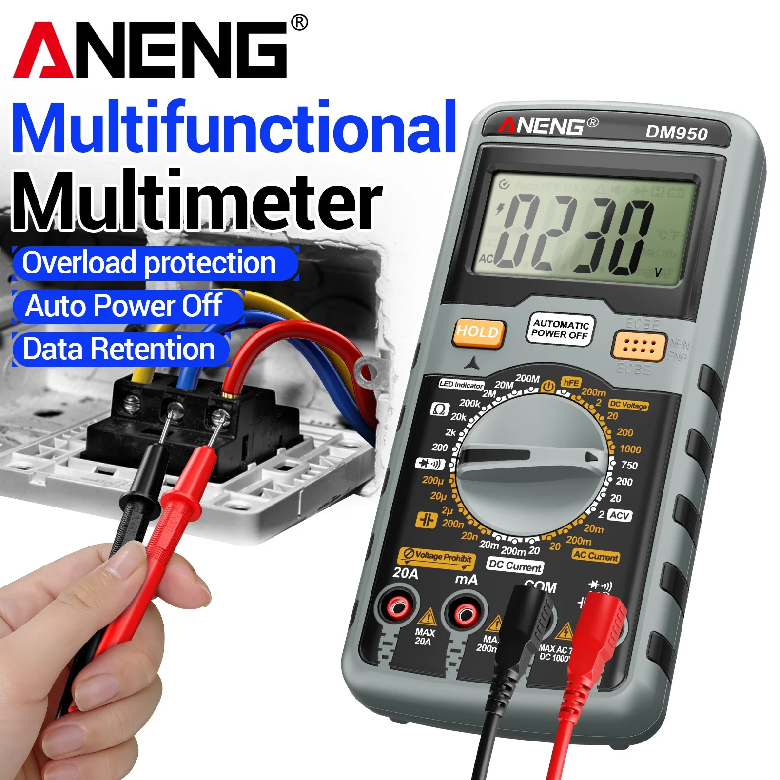 ANENG DM950 1999 Counts Digital Tester DC AC 1000V 20A Transistor HFE Capacitance Data Hold Auto Off Electric Maintenance Meter