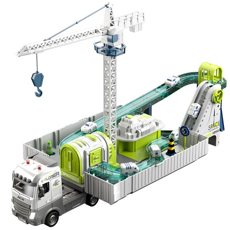 Interactive Construction Site Playset Container Truck with Trailers Track Large Engineering Vehicle for Toddlers Educational Toy