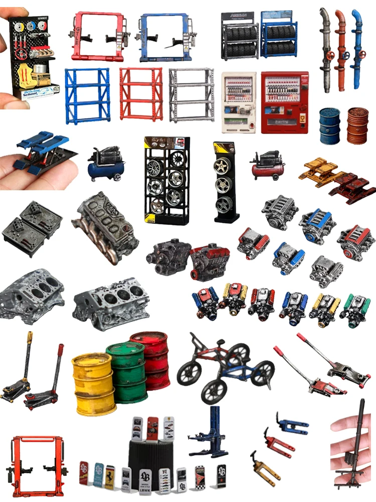 1/64 Auto Parts Miniaturized Engine Jack, Electric Pole Simulation Road Sign,  Miniaturized Vending Machine, Micro Garage Model