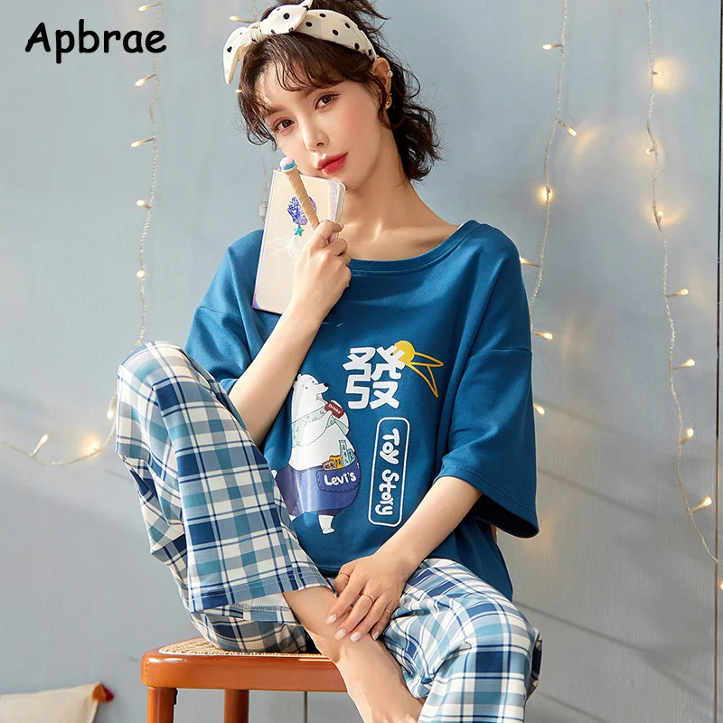 Pijamas de dibujos animados para mujer, ropa de dormir de manga corta, pantalones largos, cuello redondo, ropa de casa de moda, ropa de estar por casa, verano, nuevo