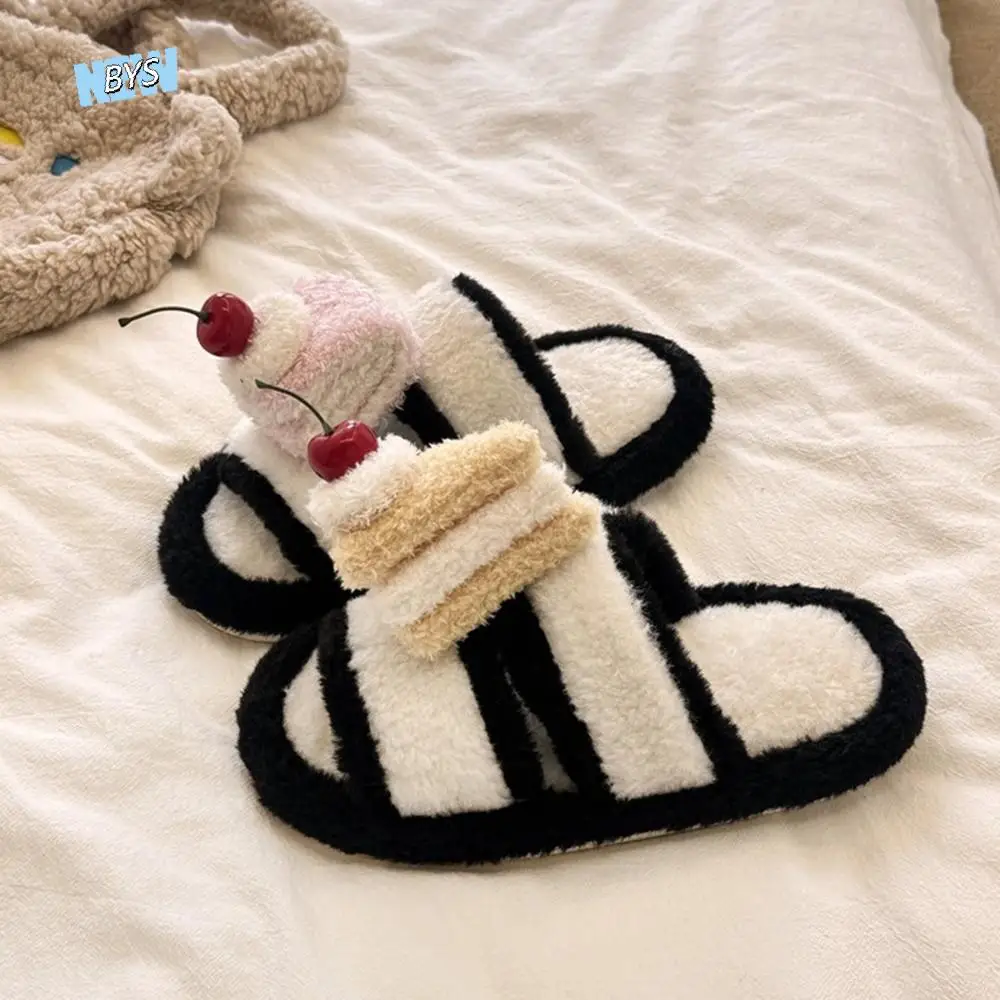 

3D Cute Cherry Cake Cake Winter Plush Slippers Open-toe Cartoon Warm Fur Slippers Furry Ins Korean Fashion Y2K Cat Slippers