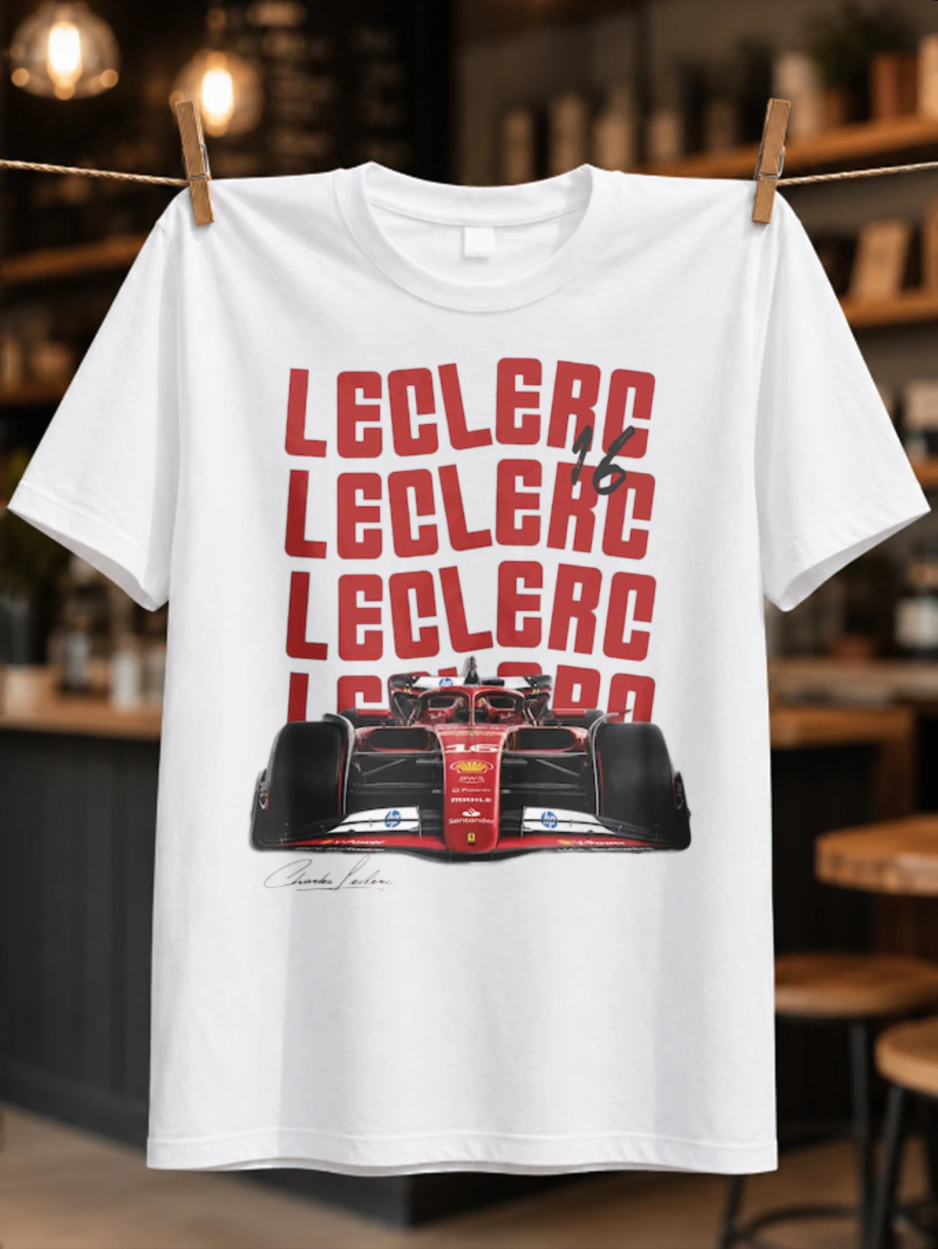 Charles Leclerc repeated red name typography with front view race car and autograph detail Bold  Unisex All T-Shirt