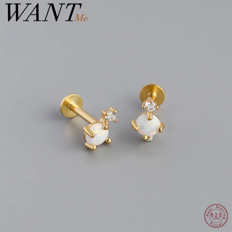 

WANTME 925 Sterling Silver Fashion Round Shiny Opal Zircon Screw Stud Earrings for Women Chic Simple Girl Piercing Jewelry Gift