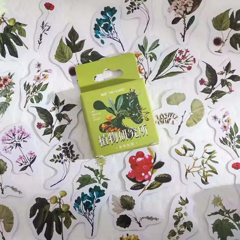 46 stuks/doos, groene plantenstickers voor decoratie, doe-het-zelf-collage, voor het decoreren van enveloppen, cadeauverpakkingen, stickers en labels.