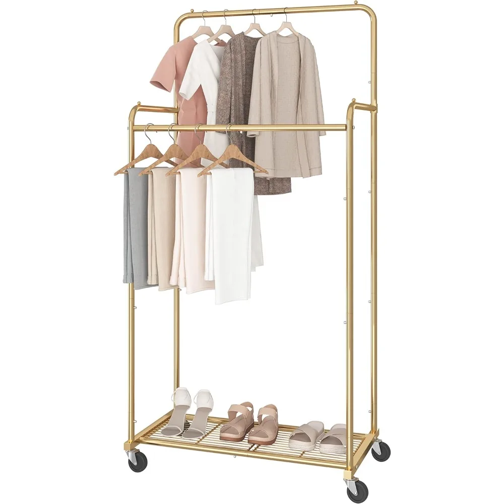 

Simple Trending Double Rod Clothes Garment Rack, Heavy Duty Clothing Rolling Rack on Wheels for Hanging Clothes,with 4 Hooks, Go