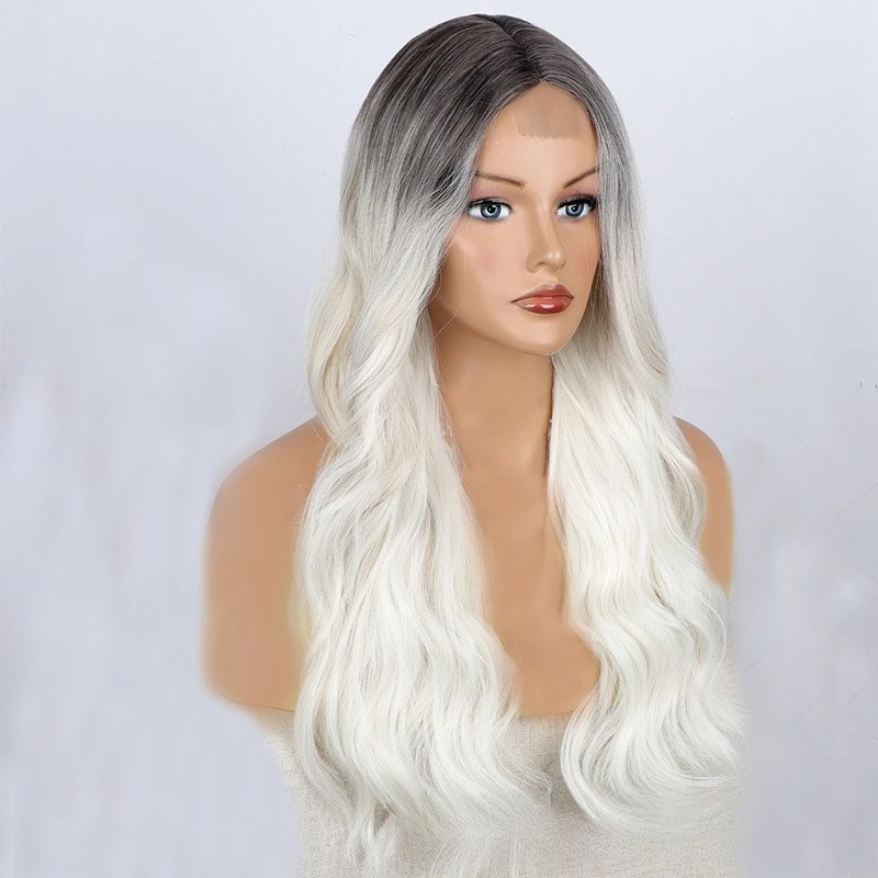 Perruque Lace Front Wig longue bouclée, perruque en fibre synthétique avec bandeau nickel é