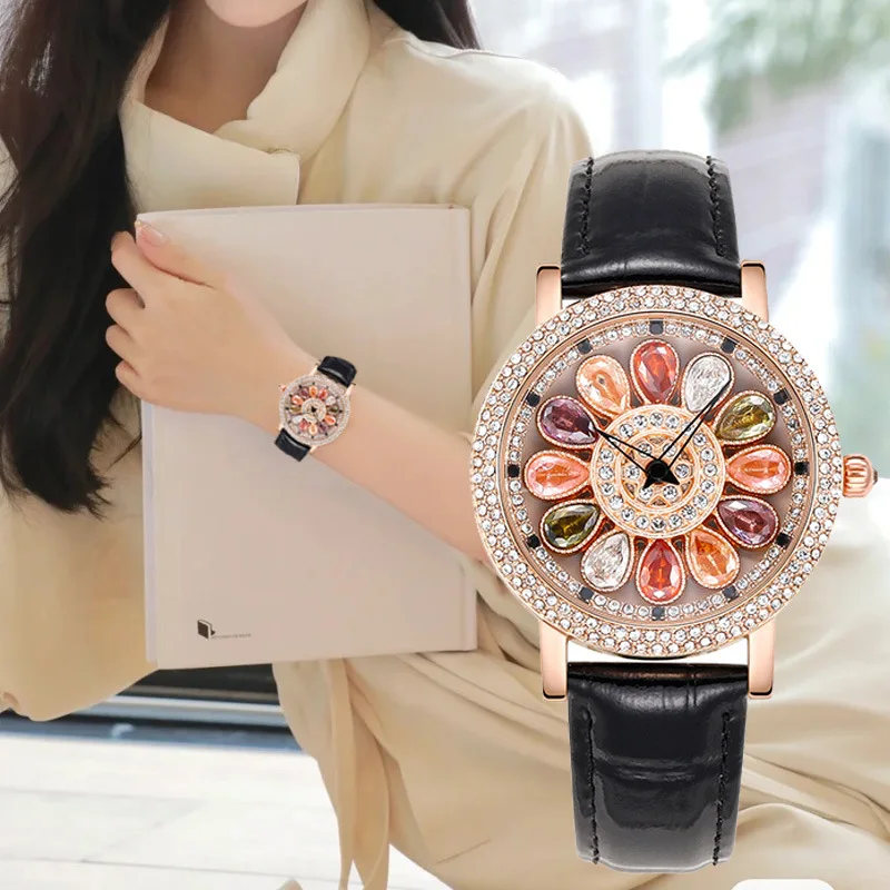 Luxury Ladies Watch Creative Colored Gemstone Rotating Lucky Flower Waterproof Quartz Watches For Woman Wristwatch Leather reloj