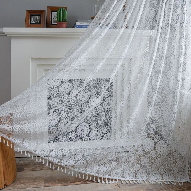 Polyester Cotton White Crochet Transparent Curtains American Rural Hollowed Out Living Room Balcony Bedroom Artistical Curtain