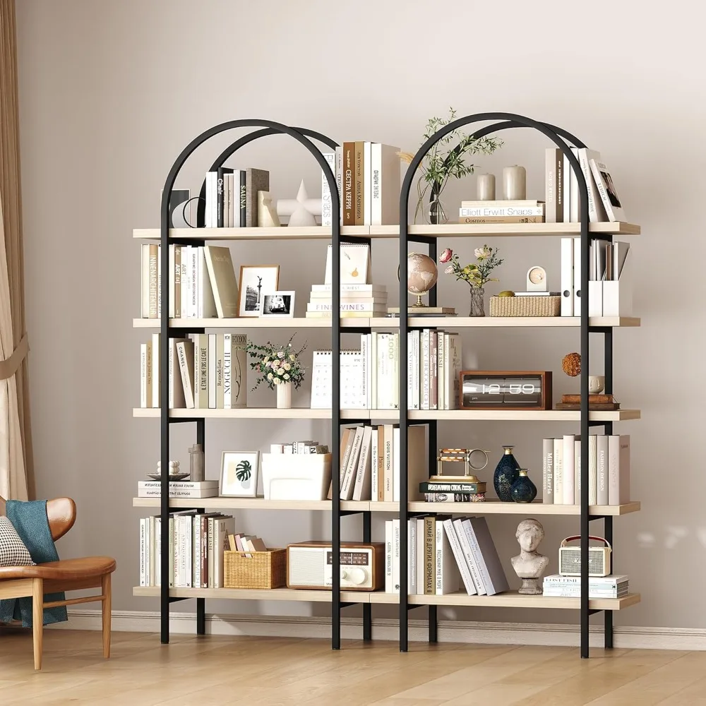 رف كتب مكون من 5 طبقات مقوسة، أرفف كتب صناعية مفتوحة بطول 74 بوصة لغرفة المعيشة، رفوف عرض حديثة قائمة بذاتها