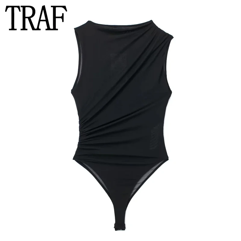 TRAF Tulle Black Body Woman Sleeveless Mesh Bodysuit Women Ruched See Through Bodysuit Lingerie Sexy Summer Tops For Women