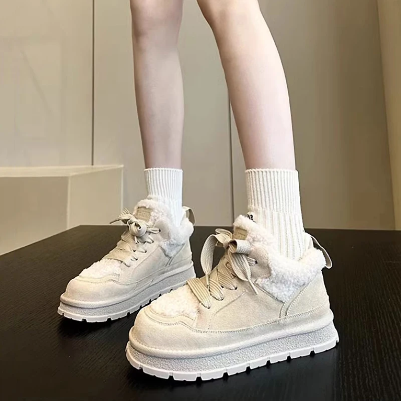 2024 Winter New Women\'s Keep Warm Cotton Shoes Fashion Platform Lace Up Low Top Sneakers Women Casual Plus Velvet Snow Boots