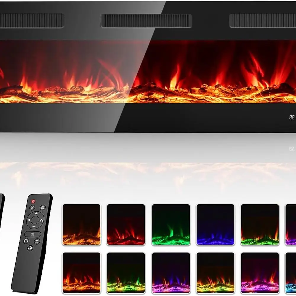 

60 Wall-Mounted Electric Fireplace with 3 Remotes, 15 Flame Colors, 6 Speeds, 1500/750W Heater, 12H Timer, Logs & Crystals