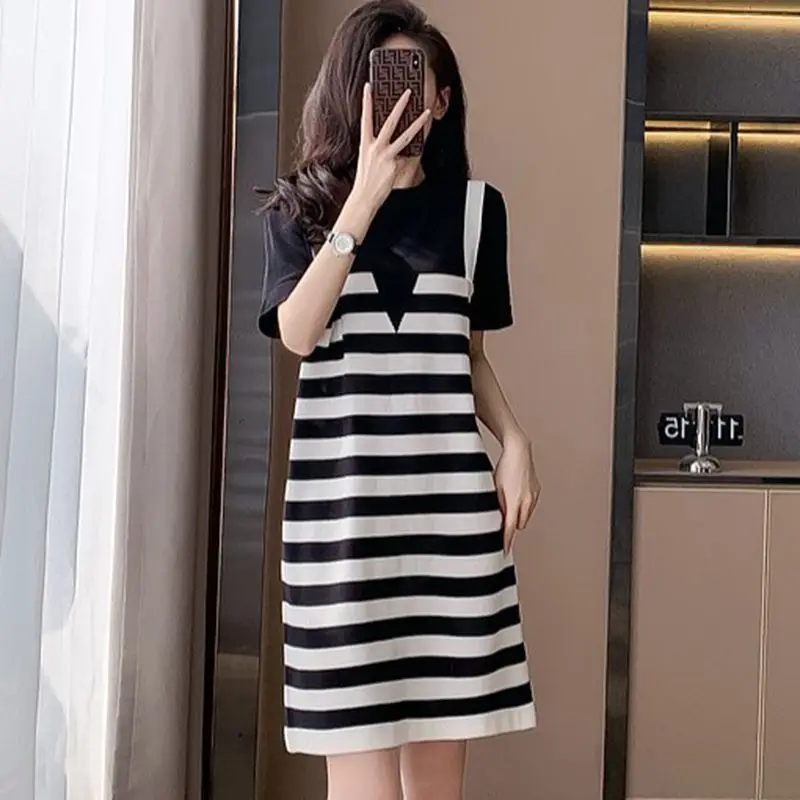 Commute Fake Two Pieces Dresses Female Clothing Korean Striped Spliced Loose Summer Short Sleeve Casual Round Neck Midi Dress