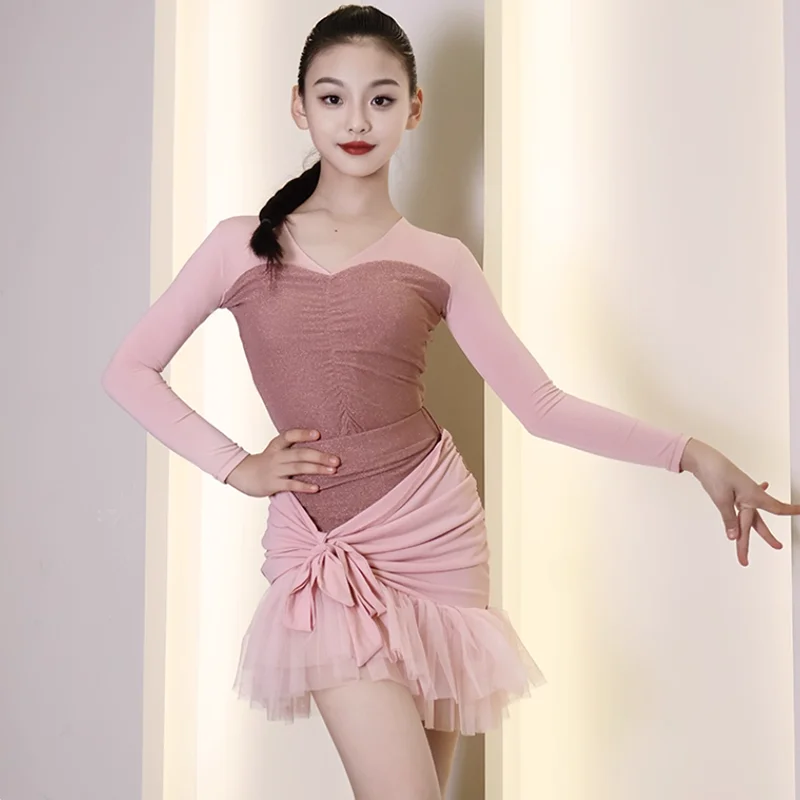 Vestido Sexy de baile latino para niños, conjunto de mono y falda para práctica de baile de salón, disfraz de Romba Chacha