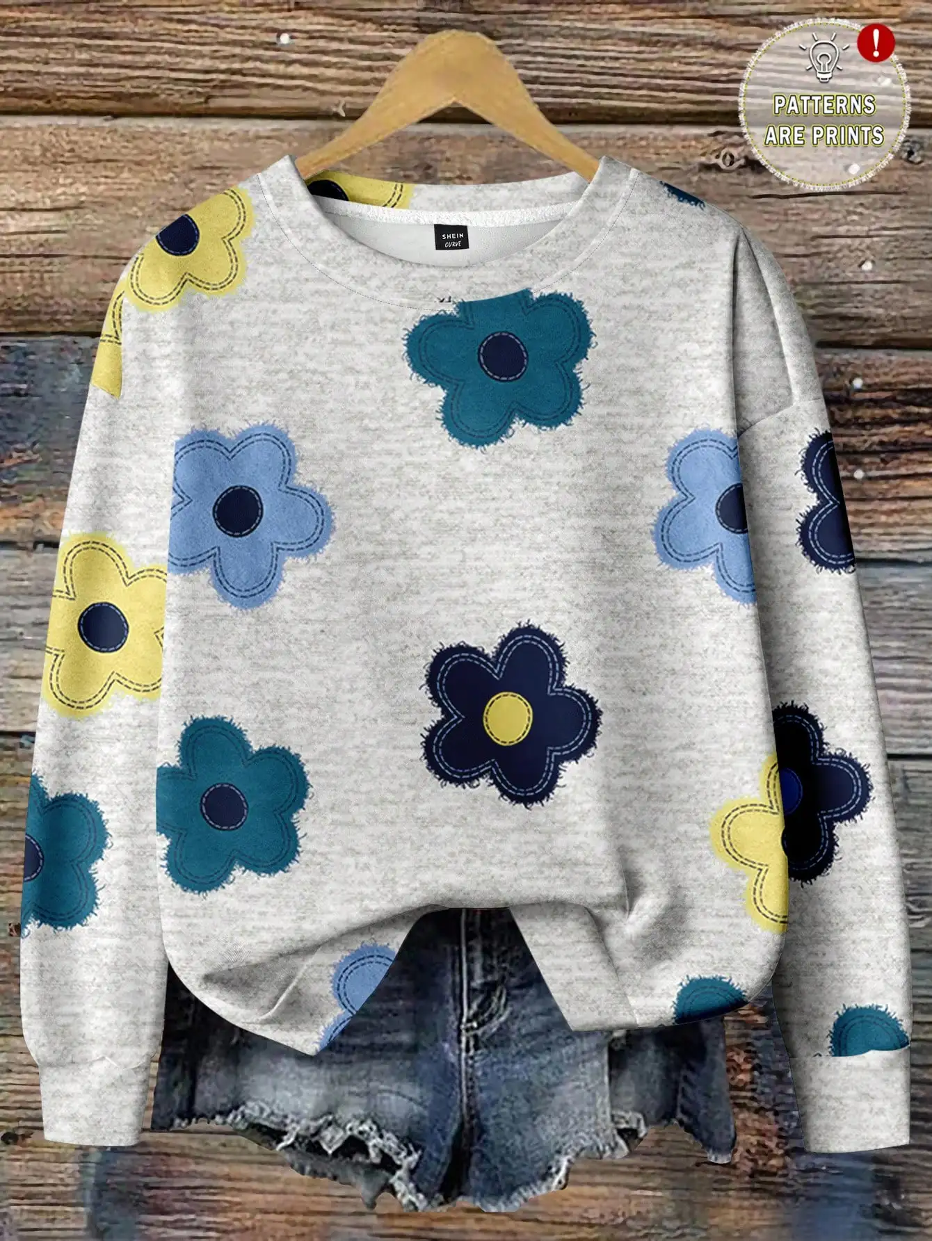 

Floral Print Loose Fit Crewneck Sweatshirt for Women, Fall Winter Casual Top with Blue Yellow Flowers