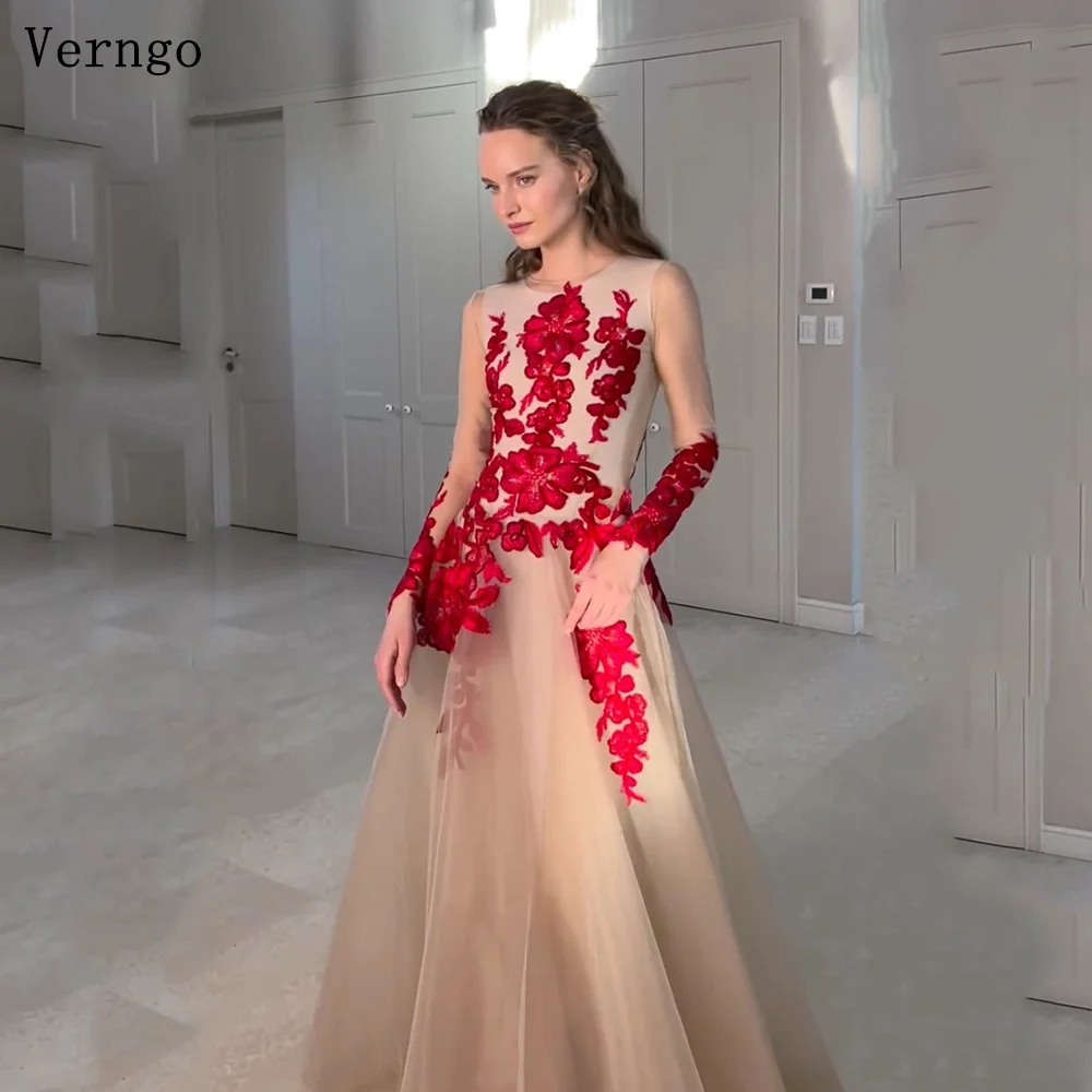 

Verngo Champange Tulle Appliques Prom Gowns O Neck Full Sleeves A Line Evening Dresses Gauze Exquisite Decal Design Prom Dress