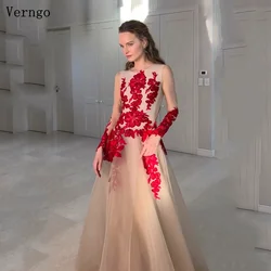 Verngo Champange Tulle Appliques Prom Gowns O Neck Full Sleeves A Line Evening Dresses Gauze Exquisite Decal Design Prom Dress