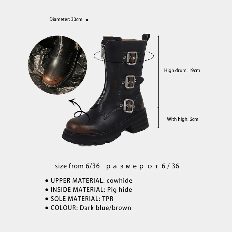 Ods Luxury Brand Genuine Leather Chunky Heels Motorcycle Buckle Boots Women Femme Flat Platform Thick Sole Ankle Boots Ladies 40