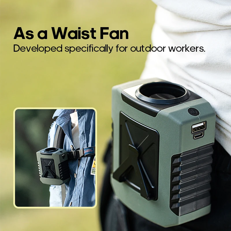 مروحة خصر صغيرة يمكن ارتداؤها بقدرة 8000 مللي أمبير في الساعة للتخييم في الهواء الطلق ومروحة تبريد قابلة لإعادة الشحن مع ضوء ليلي وبنك طاقة ومروج هواء