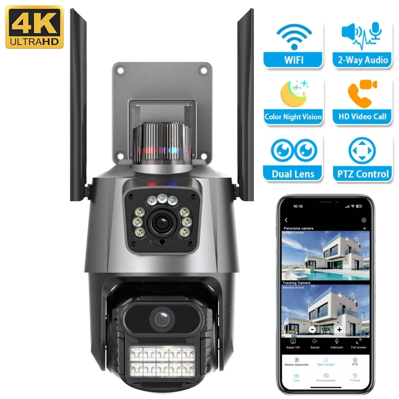 Dual Lens Wifi Security Cameras Outdoor Waterproof Webcam Night Vision Auto Tracking 360 PTZ Surveillance Camera 2-way Audio