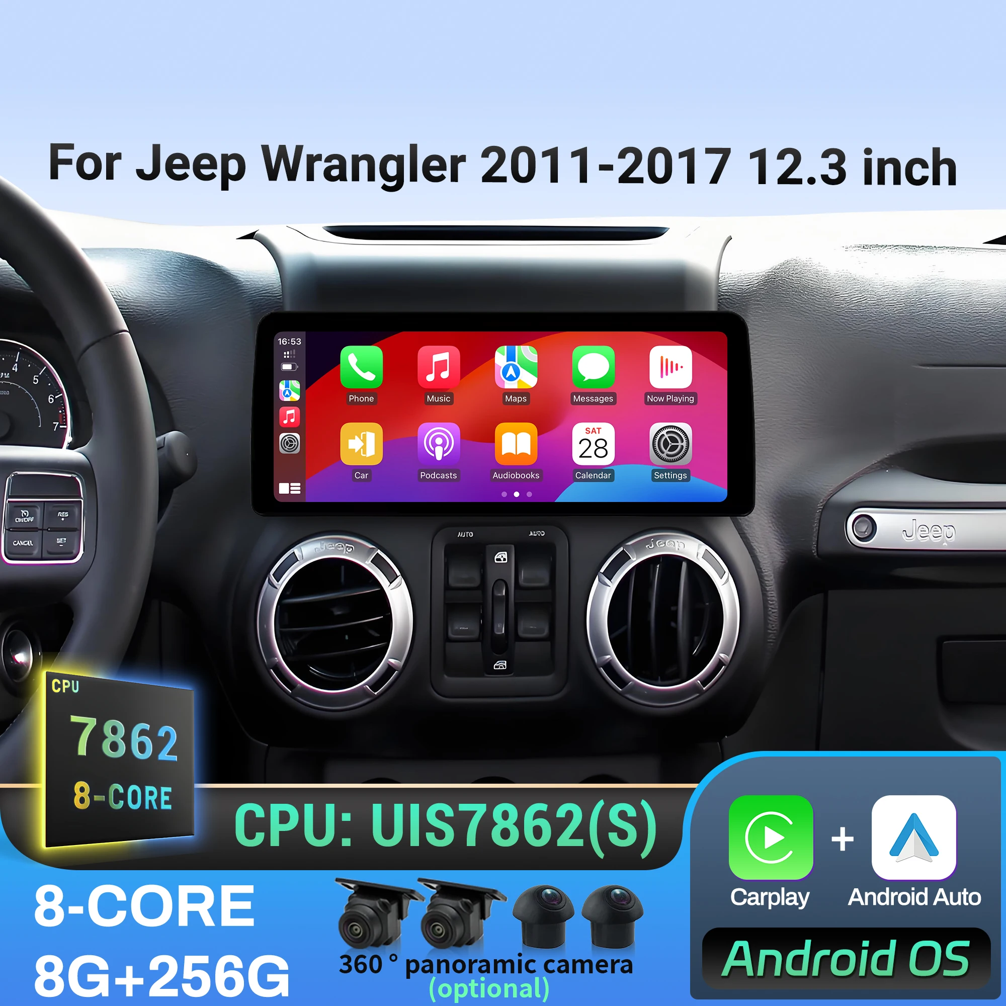 12.3 inch For Jeep Wrangler 2011-2015 2016 2017 Android 14 Auto Car Radio Multimedia Navigation 4G GPS Stereo BT Carplay Screen