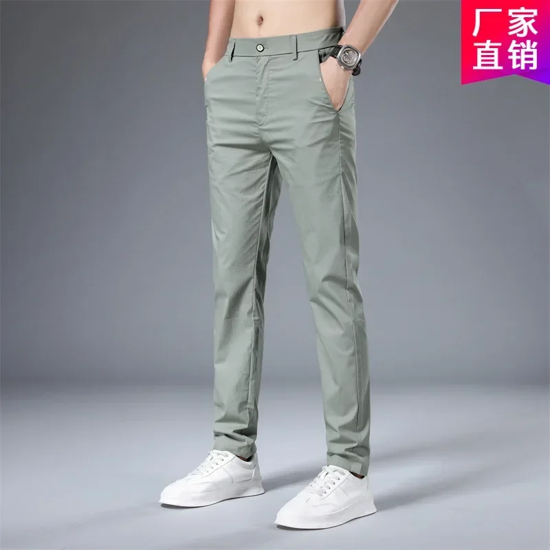 2025 pantalones casuales de verano para hombre, pantalones finos elásticos ajustados con cintura elástica de algodón, pantalones coreanos clásicos de negocios para hombre, color caqui y gris 28-38