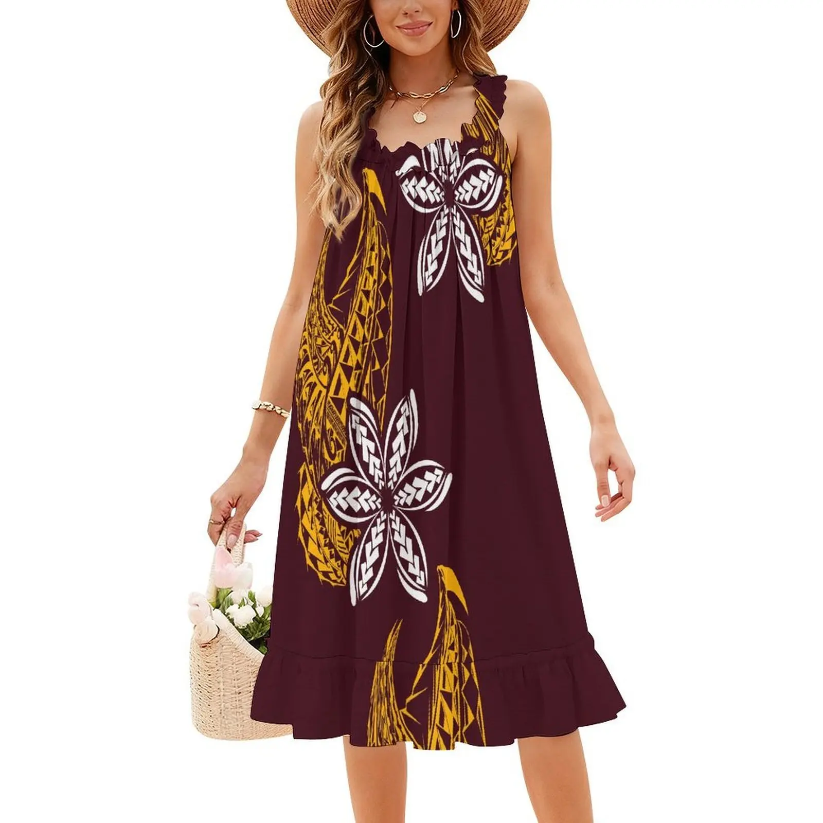 Polynesian Custom-Made Summer Round-Neck Short-Sleeved Dress With Lace Collar Design And Sleeveless Halter Dress For Women