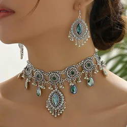 Vintage Ethnic Jewelry Set For Woman Resin Stone Jewelry Sets Hollow Metal Water Drop Necklace Earrings Set For Women