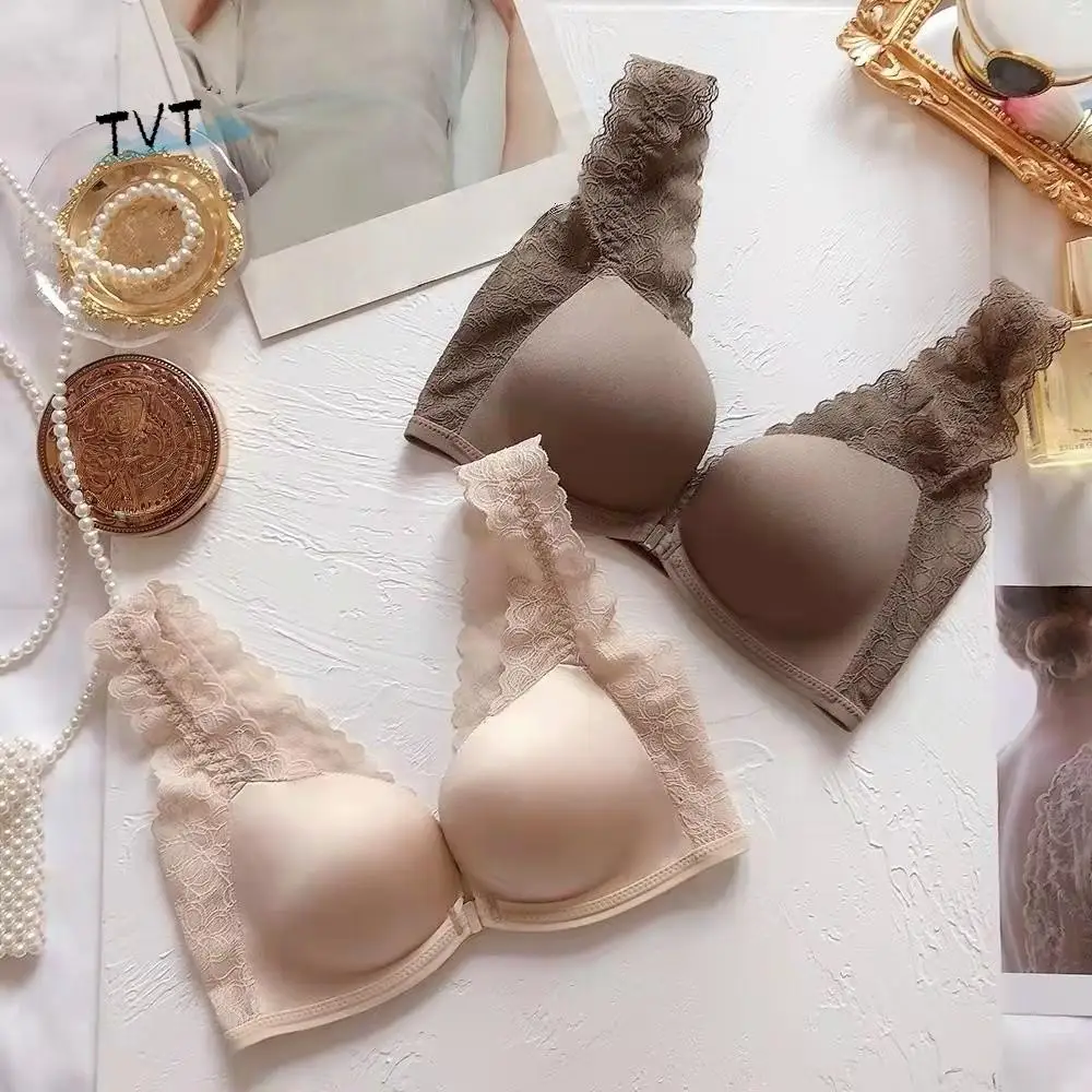 

Lace Lace Front Buckle Bra Beauty Back Bra Gather Seamless Wireless Deep V Bra Small Chest Anti-sagging Lingerie
