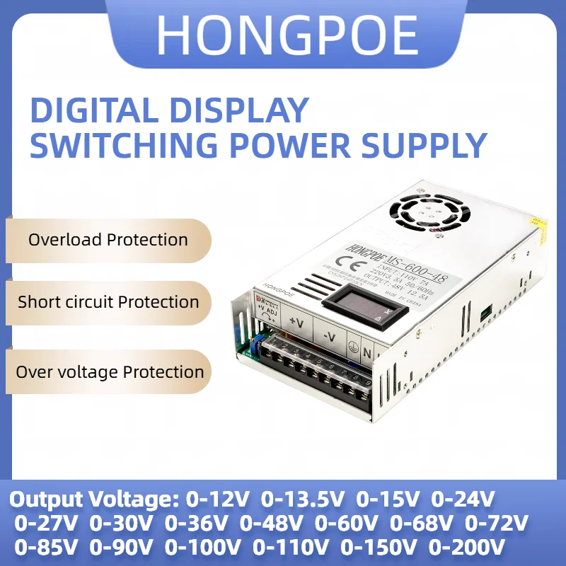 

600W Adjustable Power Supply Digital Display 0-12V 15V 24V 36V 48V 60V 72V 85V 90V 110V 150V 200V DC Input 110V/220V AC Smps