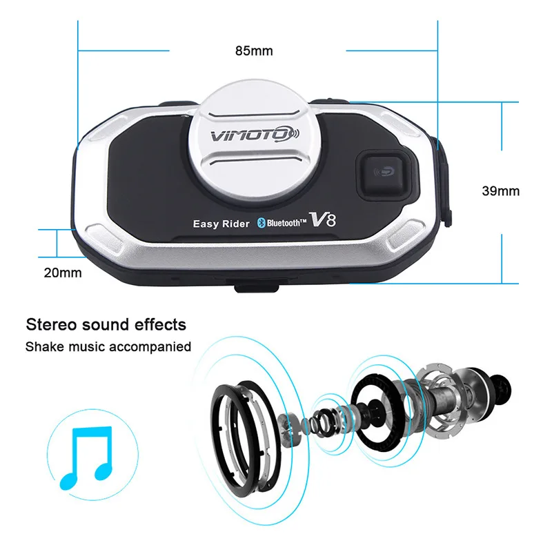 Vimoto V8 Motorcycle Helmet Headset Bluetooth Stereo Intercom Call Wireless Communication Interphone