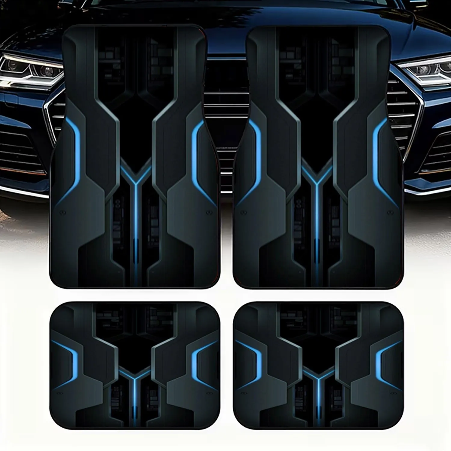 4pcs Car Floor Mats, Futuristic Symmetrical Design With Dark Metallic & Blue Neon Accents, Sleek Armored Tech Panel Structure, M