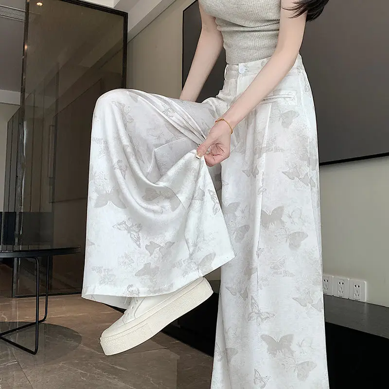 Spring Summer Retro Jacquard Satin Wide Leg Pants High Waist Straight Trousers