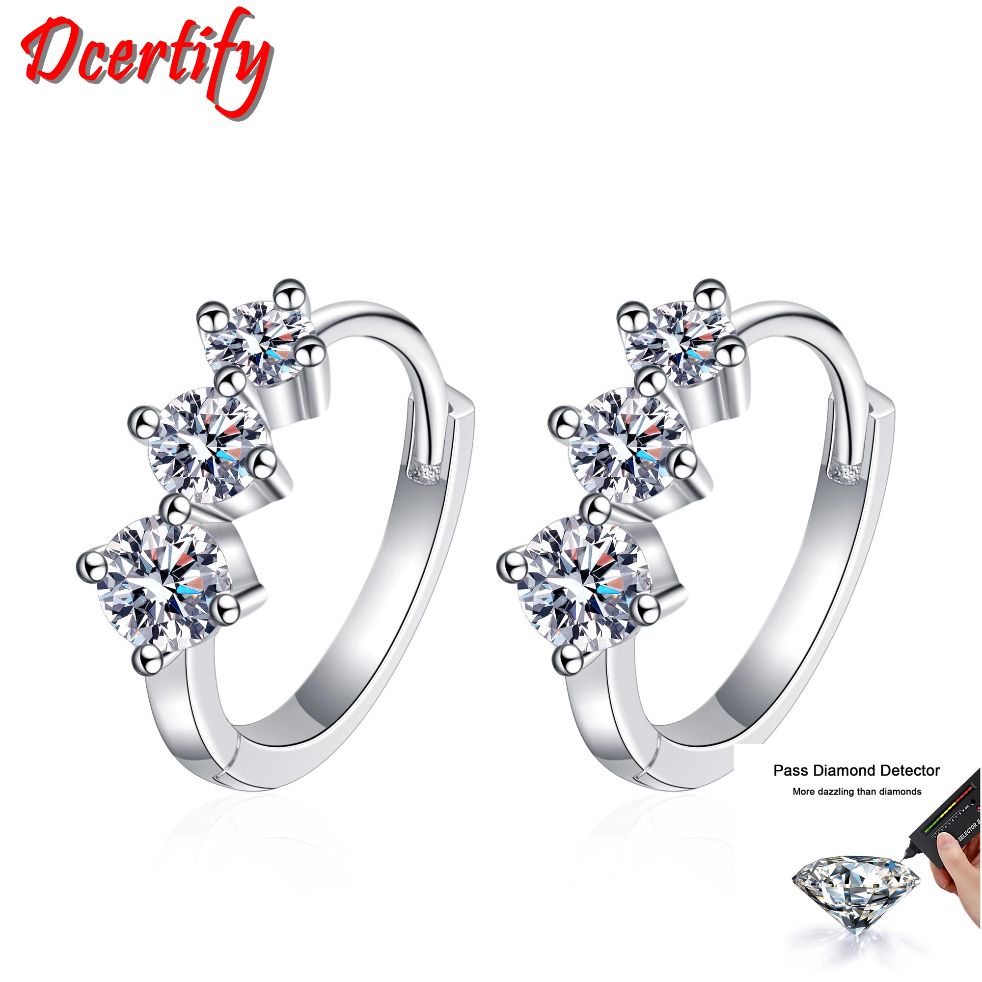 Total 0.72CT Moissanite Huggie Hoop Earrings Women White Gold 10K Three Stones Ear Studs Wedding Fine Jewelry Beautiful Box